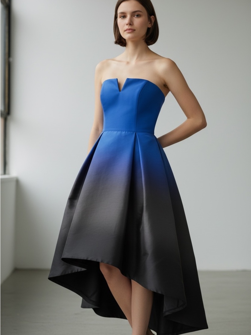 Halston Heritage Blue-to-Black Ombre Strapless High-Low Dress